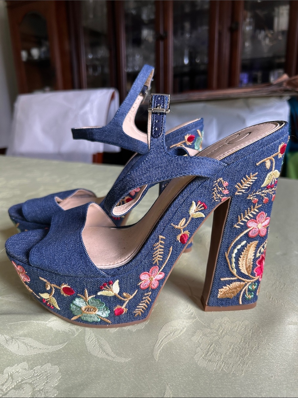 Jessica Simpson Denim Embroidered Platform Sandals - Blue